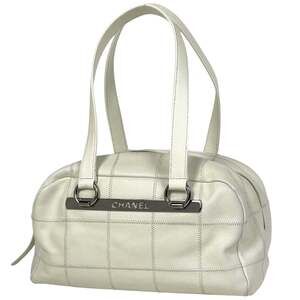 CHANEL Chocobar Handbag Shoulder Bag Logo Mini Boston Caviar Skin White Women's